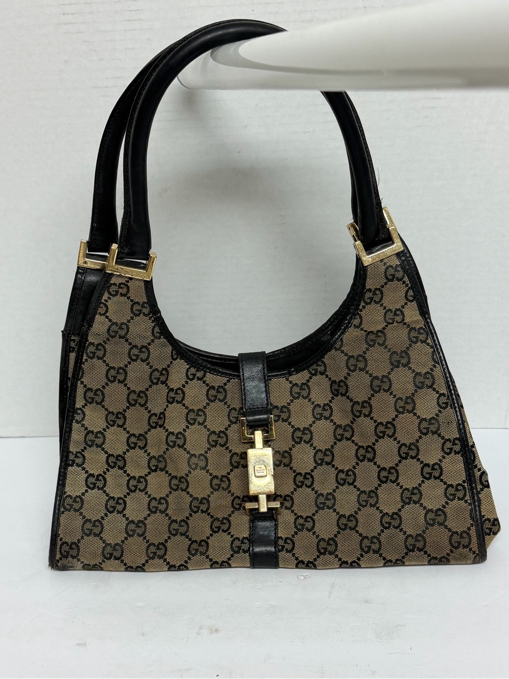 Authentic Vintage Gucci Jackie Bardot GG Handbag Shoulder Bag Purse Tan Monogram